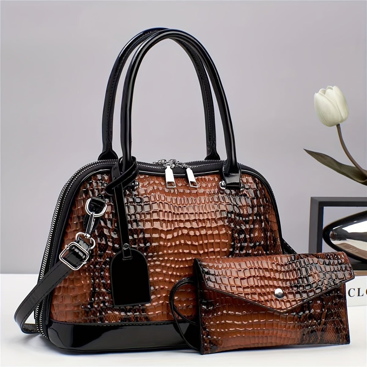 2PCS Snake Pattern Shoulder Handbag Set Women Bag Sets Zipper Closure