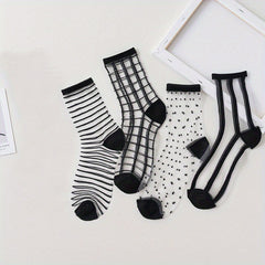 4 Pairs Semi Sheer Stripe & Dot Pattern Socks Mid Tube