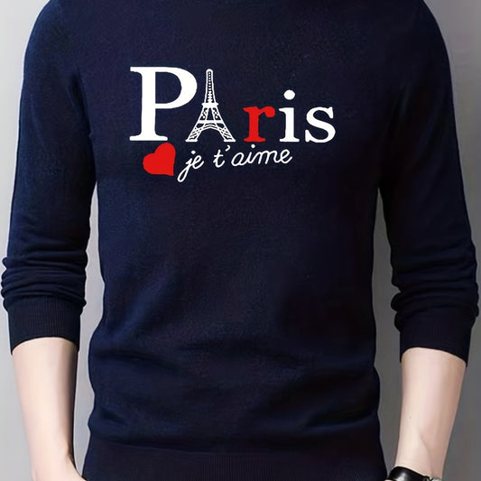 Men's Paris Print Knitted Sweater Casual Mid Stretch Long Sleeve Top