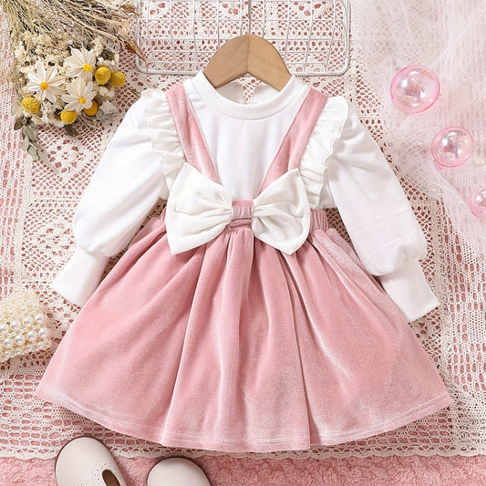 Sweet & Baby Girls Princess Dress Long Sleeve Top Velvet Skirt With Big Bow Back