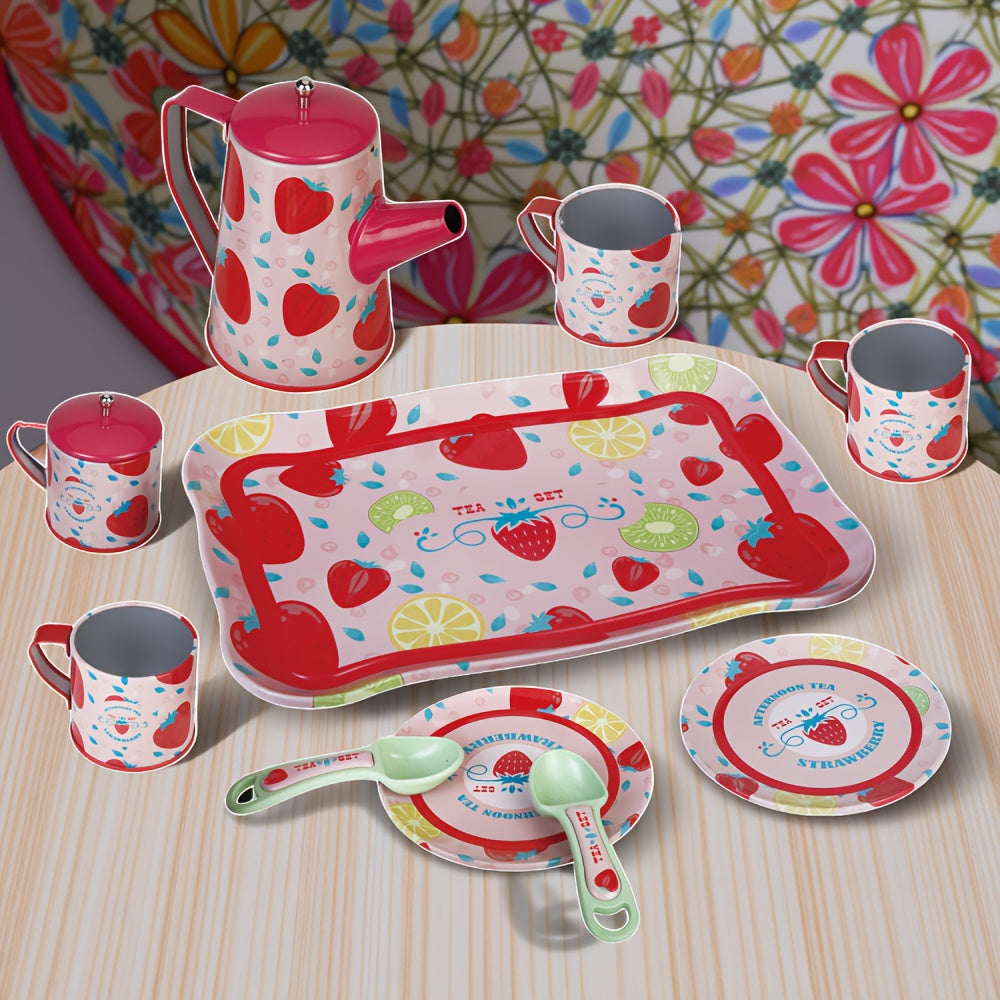 Strawberry Tea Set for Girls Pretend Play Tin Teapot Set