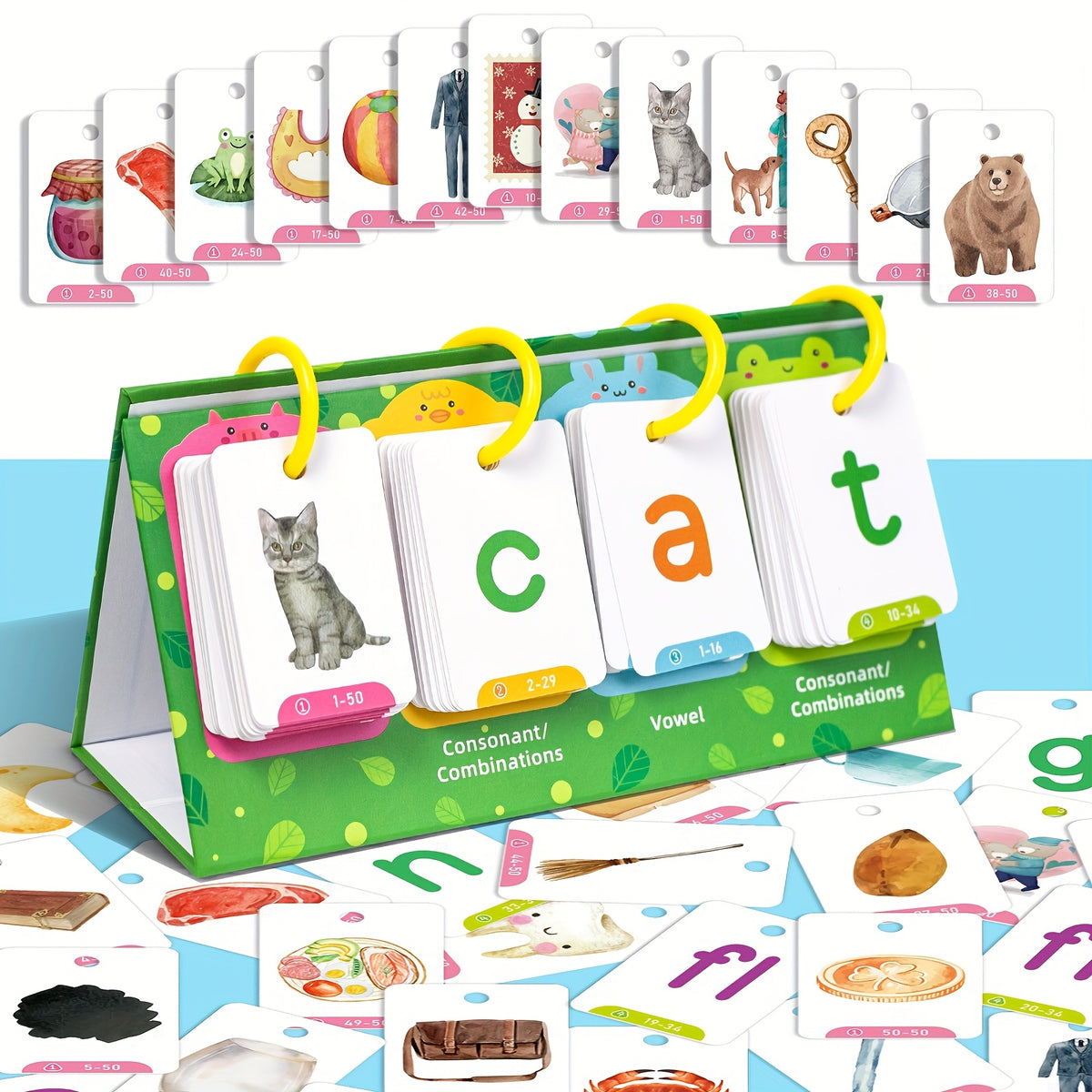 129pcs AOTBLCER CVC Word Flip Chart Double Sided Short Vowel Flashcards