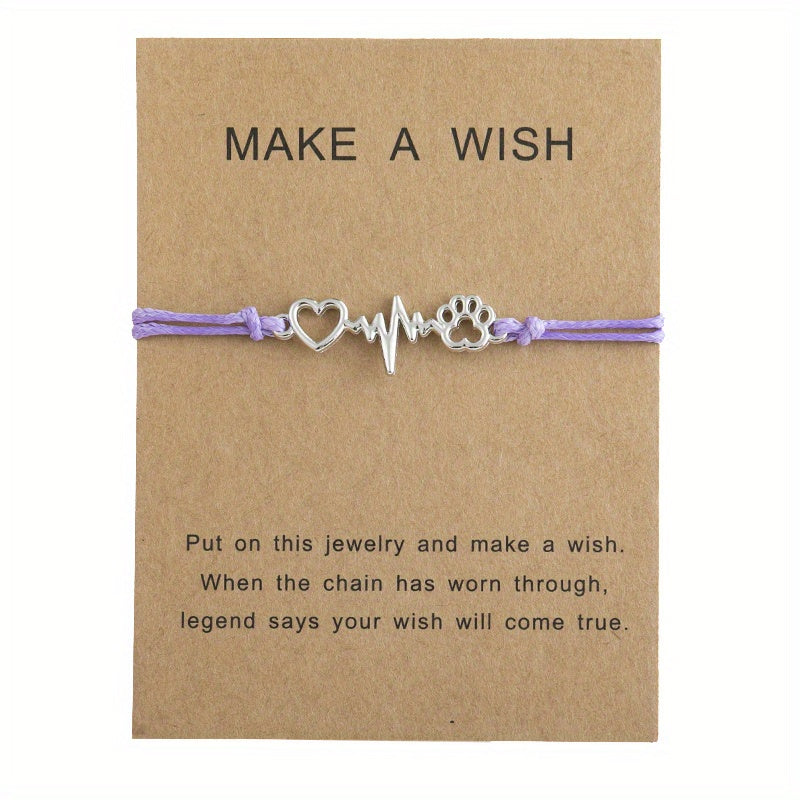 Dog Paw & Love Heart Bracelet Adjustable Rope Hand Jewelry