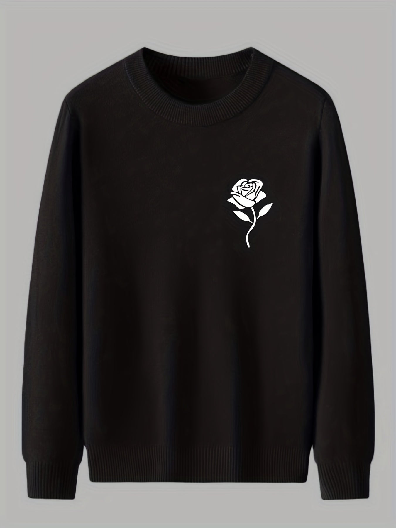 Rose Print Knitted Sweater Men's Warm Crew Neck Pullover