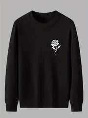 Rose Print Knitted Sweater Men's Warm Crew Neck Pullover