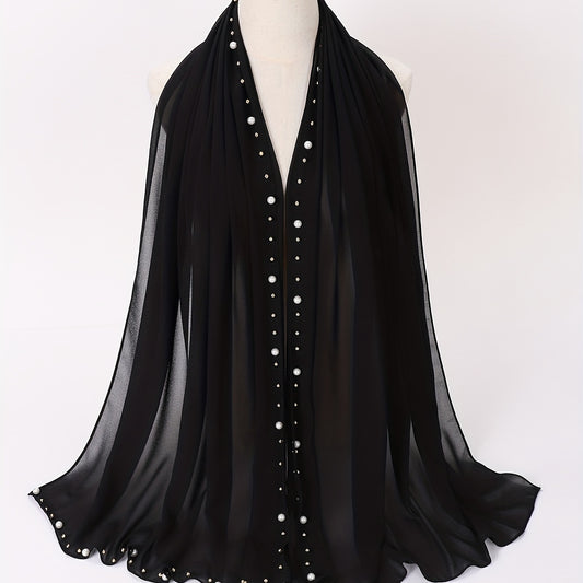 Chiffon Hijab Pearl Decor Head Wrap Casual Scarf Ramadan Turban