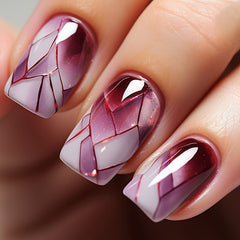 24Pcs Short Square Purple Press On Nails with Geometric Lines Designs