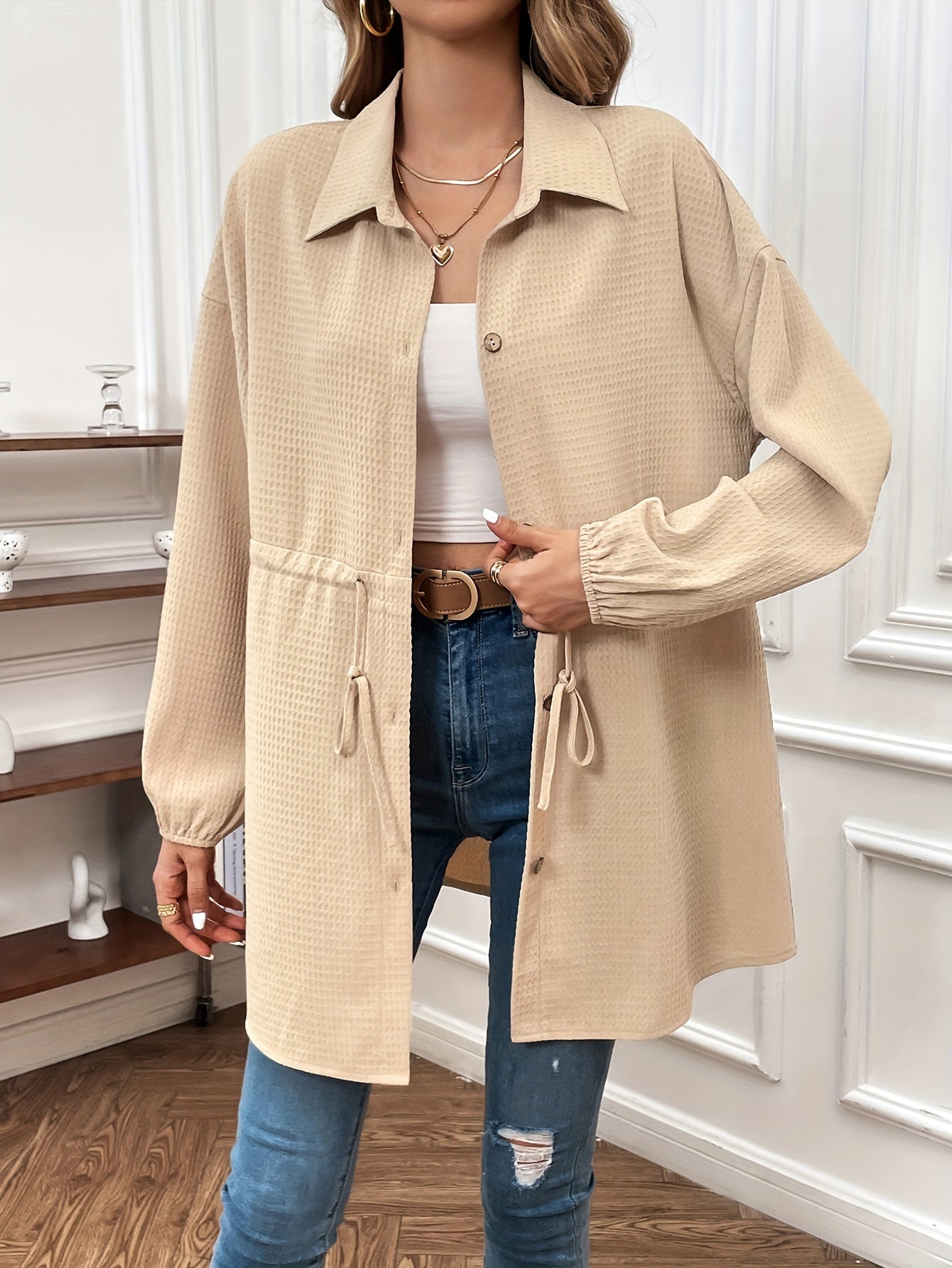  Solid Waffle Drawstring Drop Shoulder Long Sleeve Tunic Shirt Top