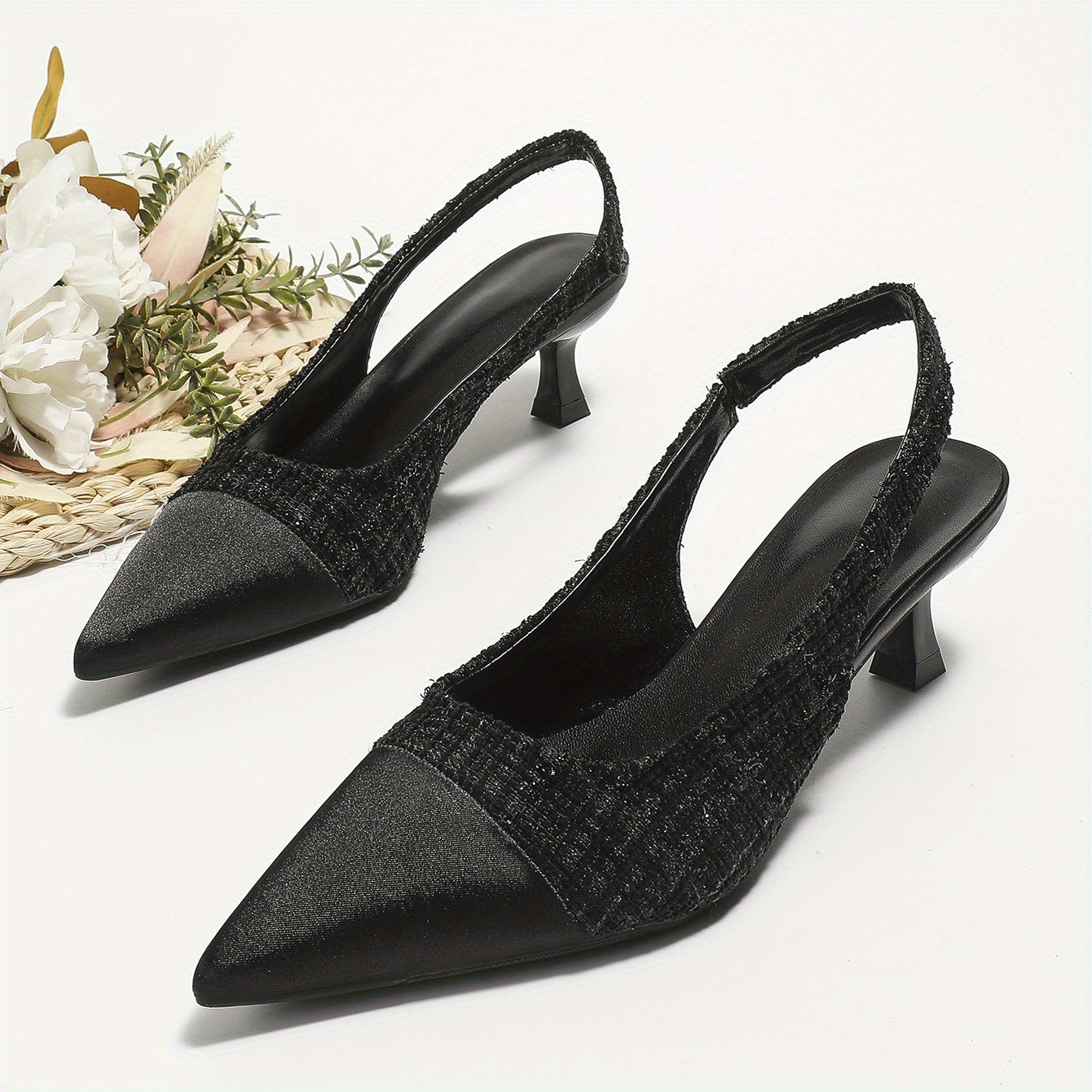 Tweed Kitten Heels Cap Top Slip On Pointed Toe Slingback Dress Sandals