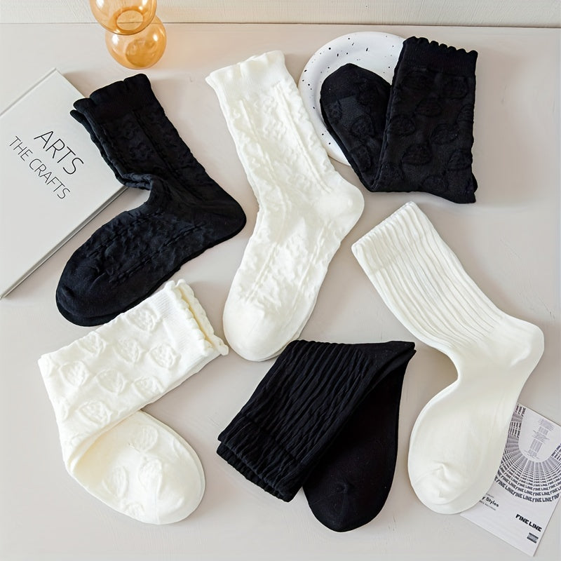 6 Pairs Women's Textured Mid Tube Socks Stockings
