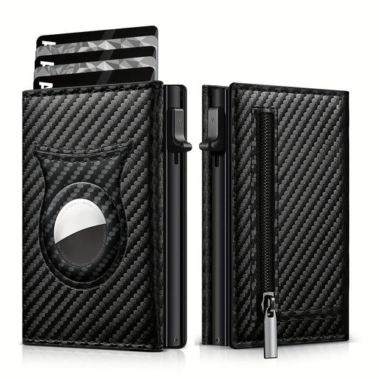 Men's Carbon Fiber Magnetic Card Holder Airtag Leather RFID Zipper Coin Purse