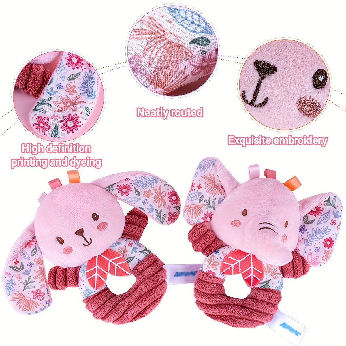 Soft Plush Elephant & Rabbit Rattle Toys Pink Floral Pattern Hand Shakers