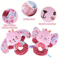 Soft Plush Elephant & Rabbit Rattle Toys Pink Floral Pattern Hand Shakers