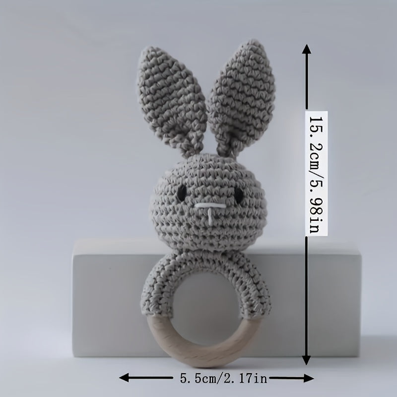Gray Rabbit Rattle Toy with Wooden Beads Baby Sensory Developmental