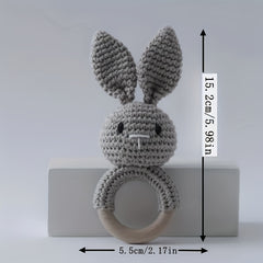 Gray Rabbit Rattle Toy with Wooden Beads Baby Sensory Developmental
