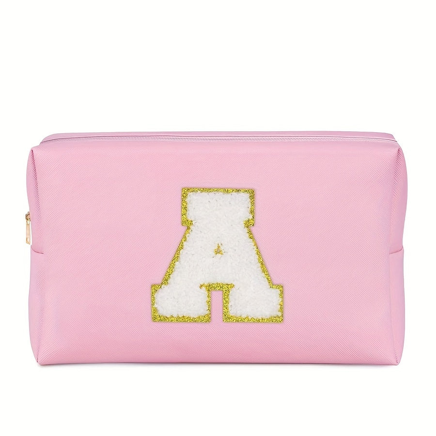 Preppy Makeup Bag With Zipper Chenille Letter Pink Travel Cosmetic Bag For Women