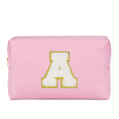 Preppy Makeup Bag With Zipper Chenille Letter Pink Travel Cosmetic Bag For Women