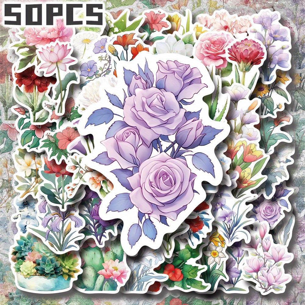 50pcs Flower Illustration Stickers Non Repeating Decor for Holidays & B