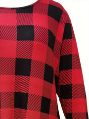Women's Plus Gingham Print Long Sleeve Dress w/ Pockets