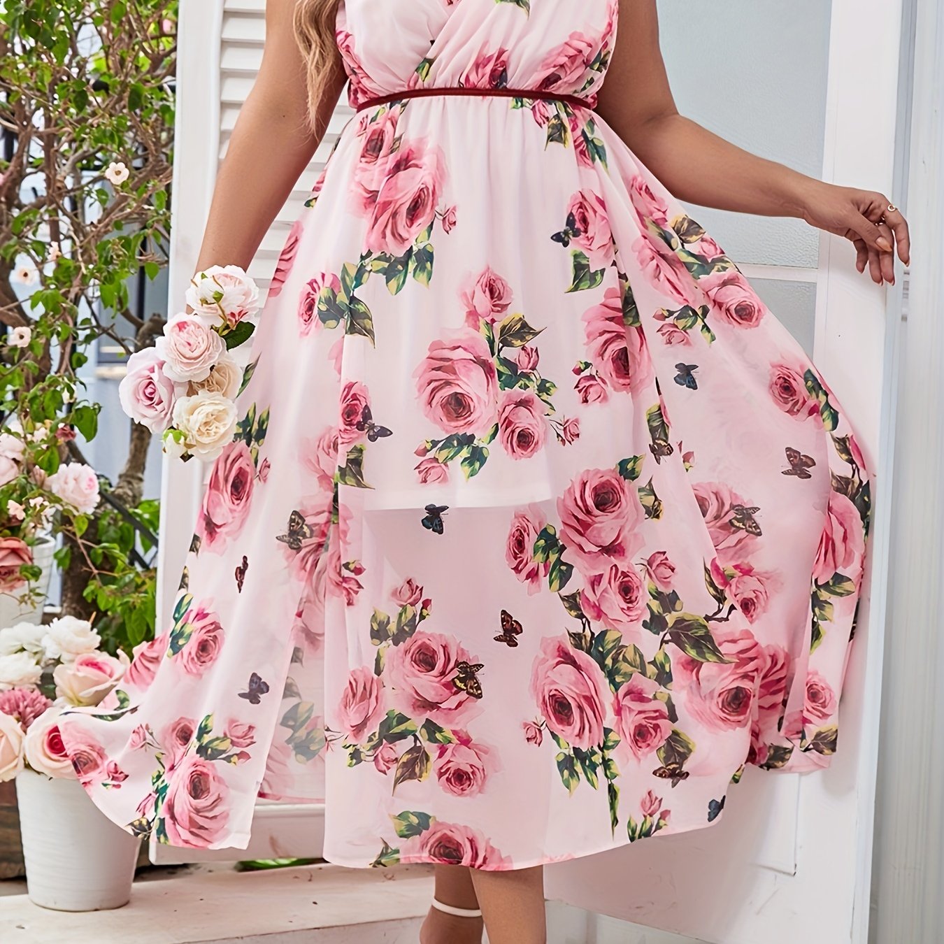  Rose Print Knot Strap Maxi Dress Women's Plus Romantic Long Dress