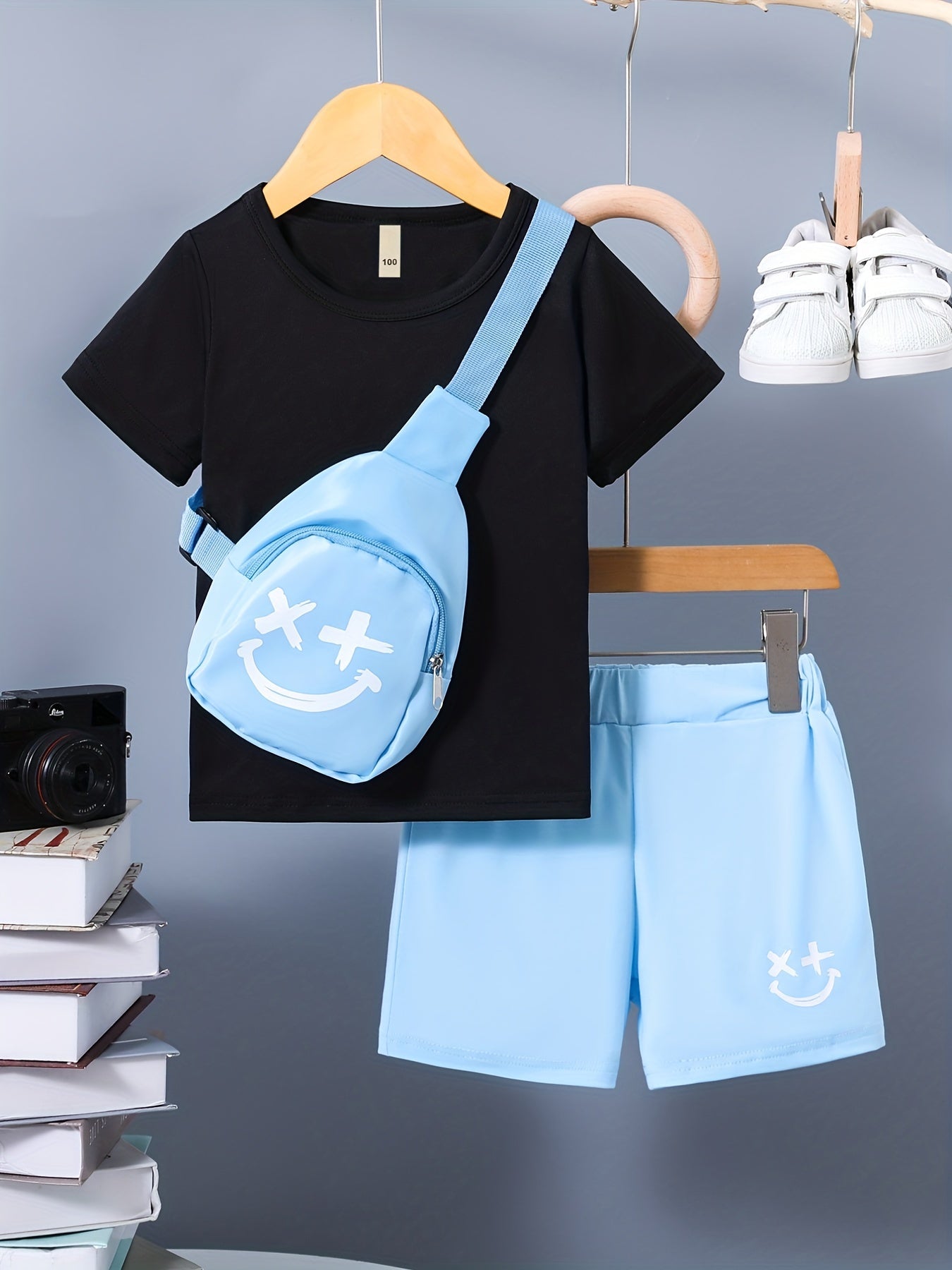 3pcs Boys Casual Short Sleeve T shirt & Shorts Set + Crossbody Bag