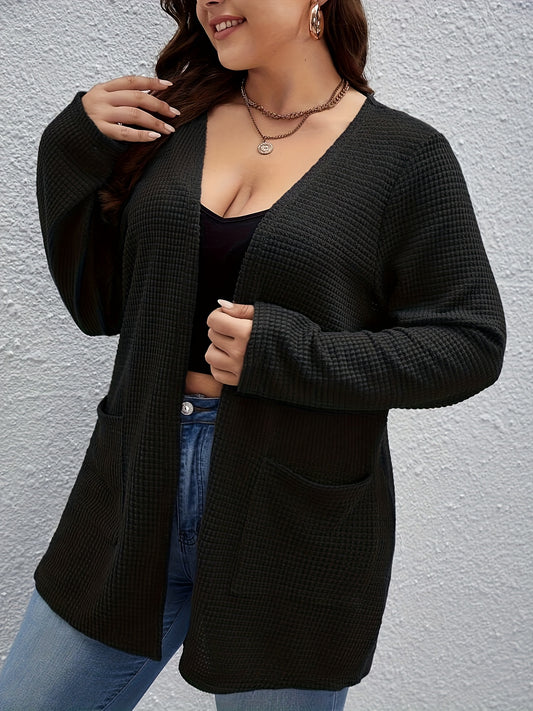  Solid Waffle Long Sleeve Open Front Cardigan
