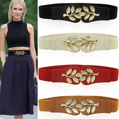 Golden Leaf Buckle Waist Belt Elastic Stretchy Large Buckle Accessory