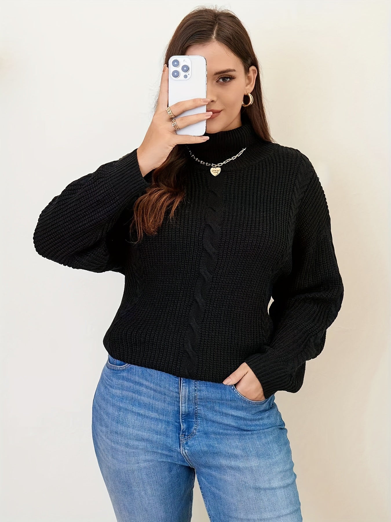  Solid Cable Long Sleeve Turtle Neck Sweater
