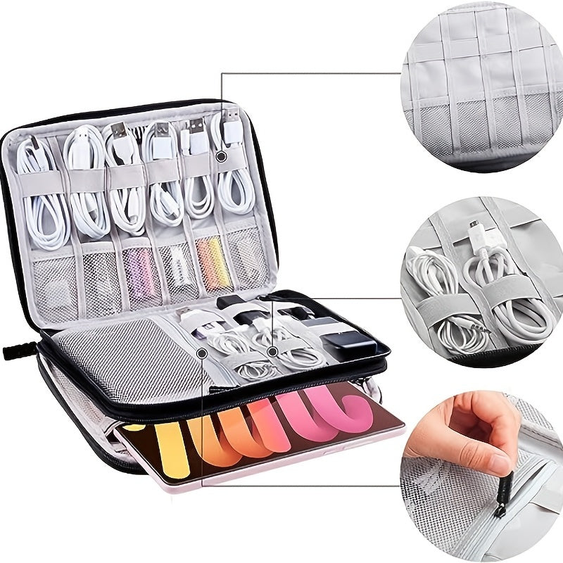 Compact Linen Electronics Organizer Double Layered Water Resistant Cable Storage