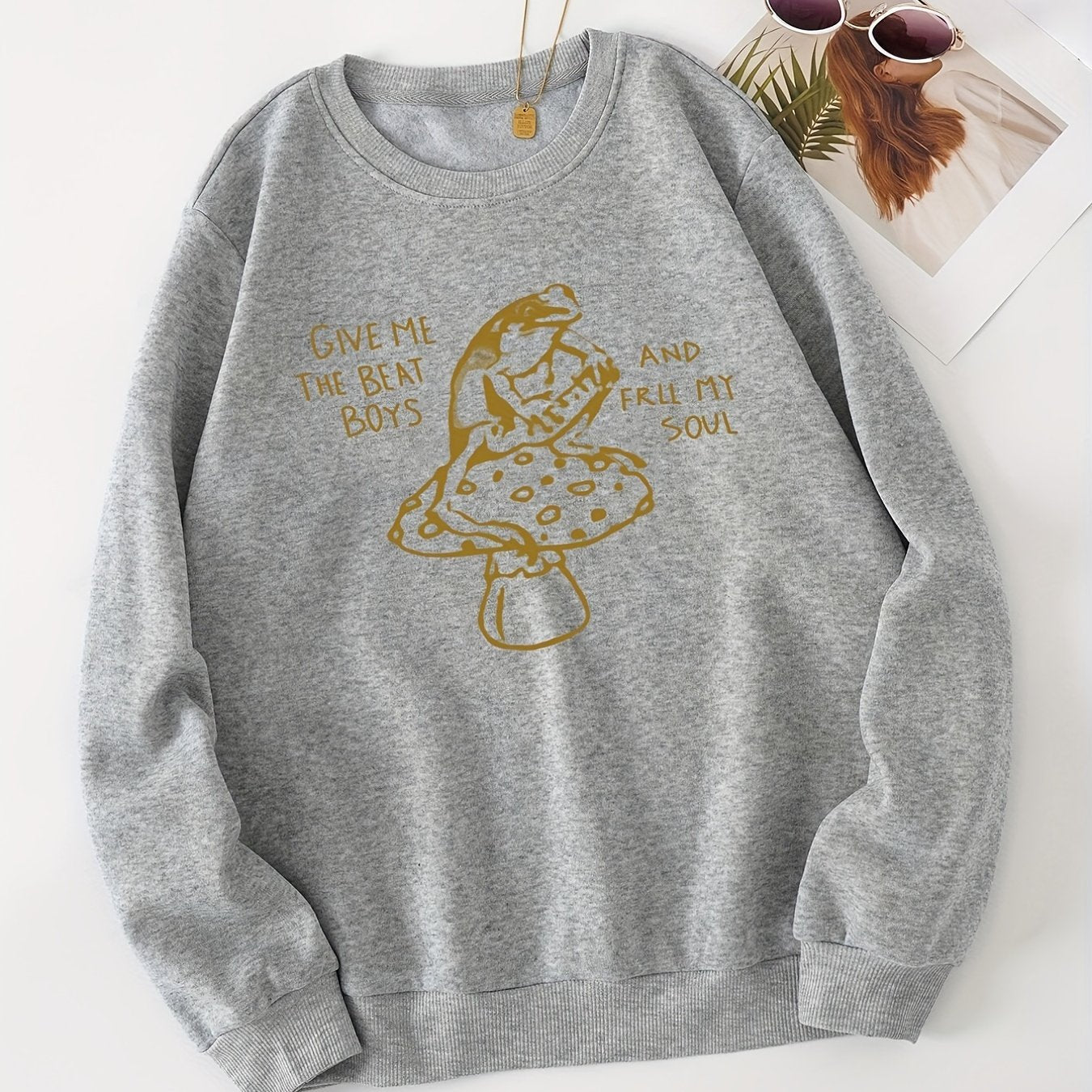 Frog & Mushroom Print Long Sleeve Crew Neck Sweatshirt