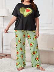  Avocado Print Pajama Set Short Sleeve Tee & Pants Loungewear