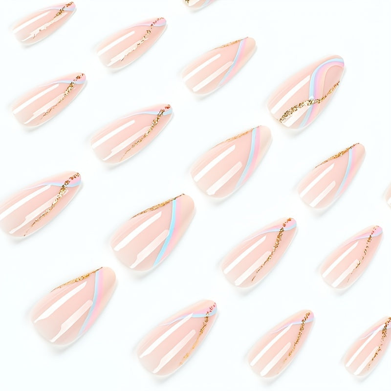 24 Pcs Almond False Nails Glossy Designs Full Cover Acrylic Manicure Pink