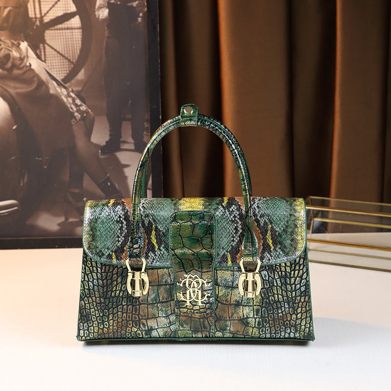 Stylish Green Women's Handbag Shoulder & Handbag Split Leather Magnetic Closure