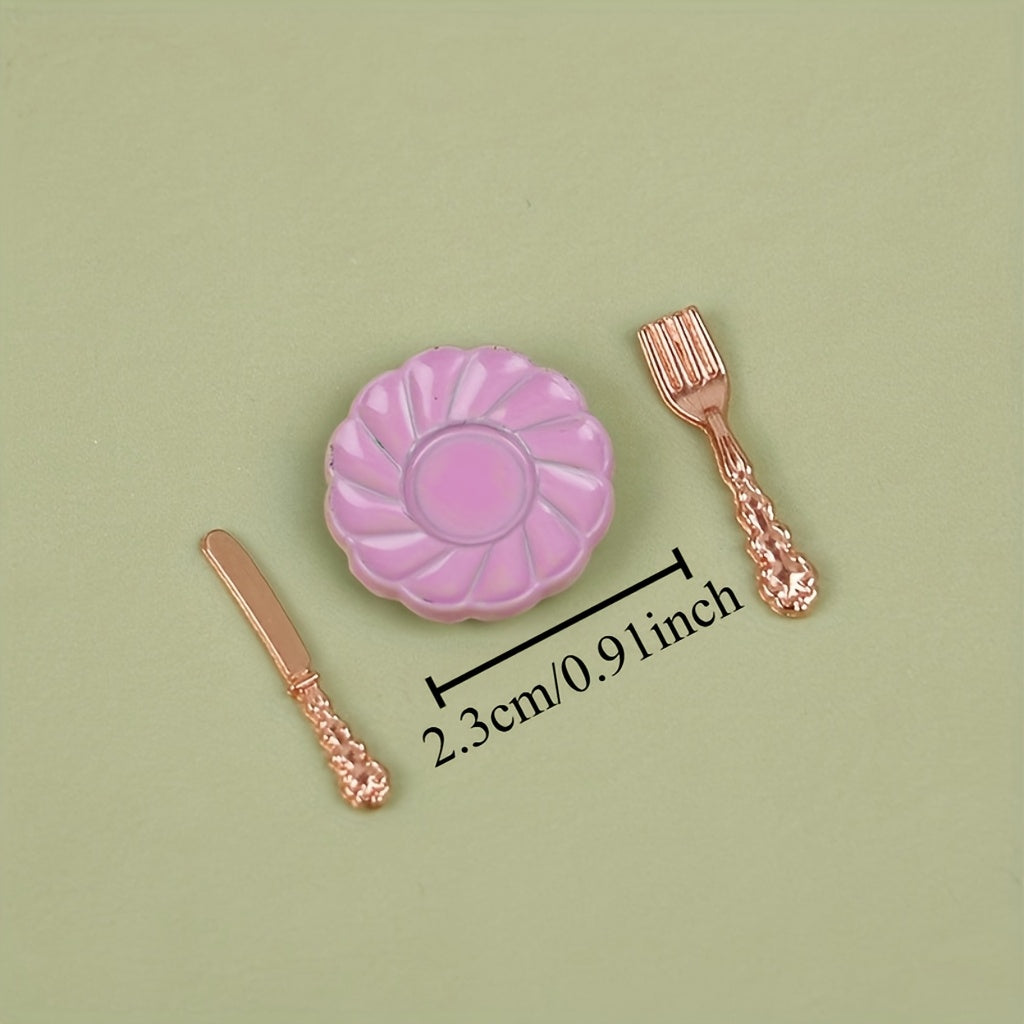 Vintage Metal Dollhouse Accessory Set Cake Plate Fork & Spoon