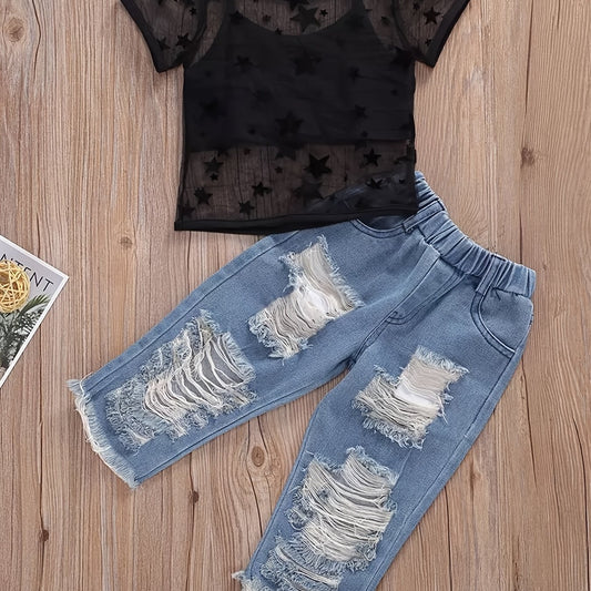 Girls Cami Top & Star Print T-shirt & Jeans Set