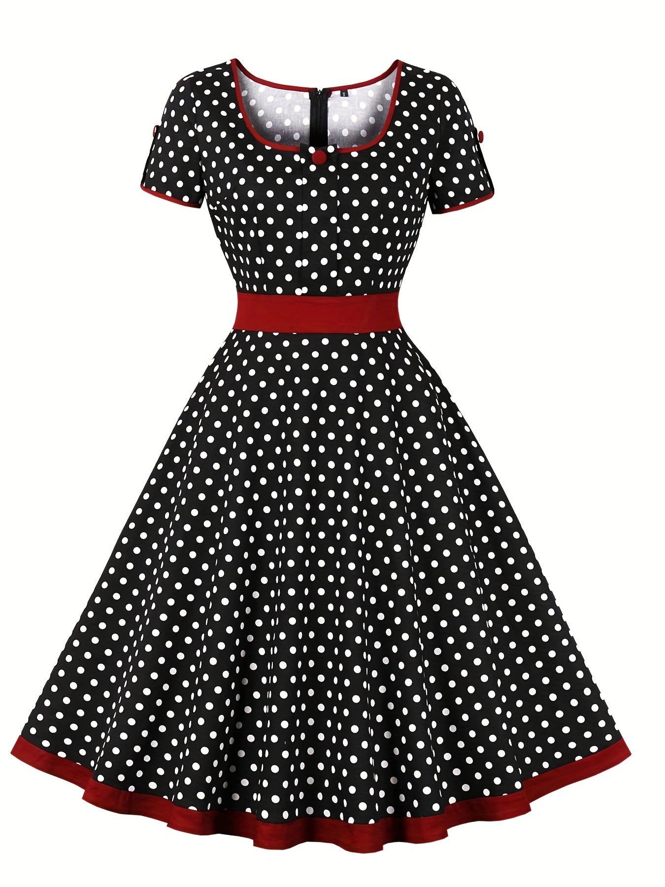 Retro Polka Dot Swing Dress Vintage Crew Neck Puff Sleeve Waist Summer Dresses