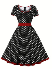 Retro Polka Dot Swing Dress Vintage Crew Neck Puff Sleeve Waist Summer Dresses