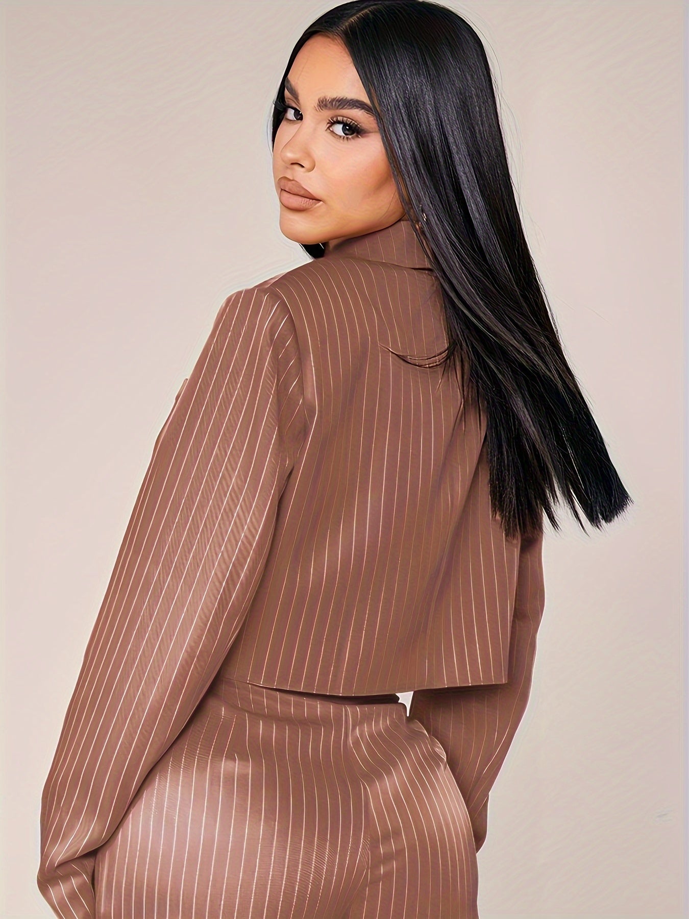  Women's Stripe Print Long Sleeve Lapel Collar Blazer