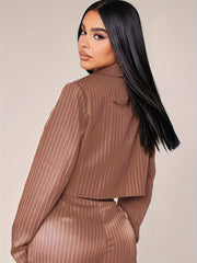  Women's Stripe Print Long Sleeve Lapel Collar Blazer