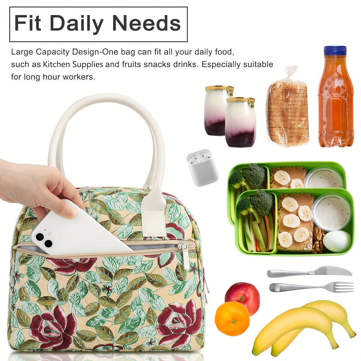 Rose PU Insulated Lunch Bag With Handle And Zipper