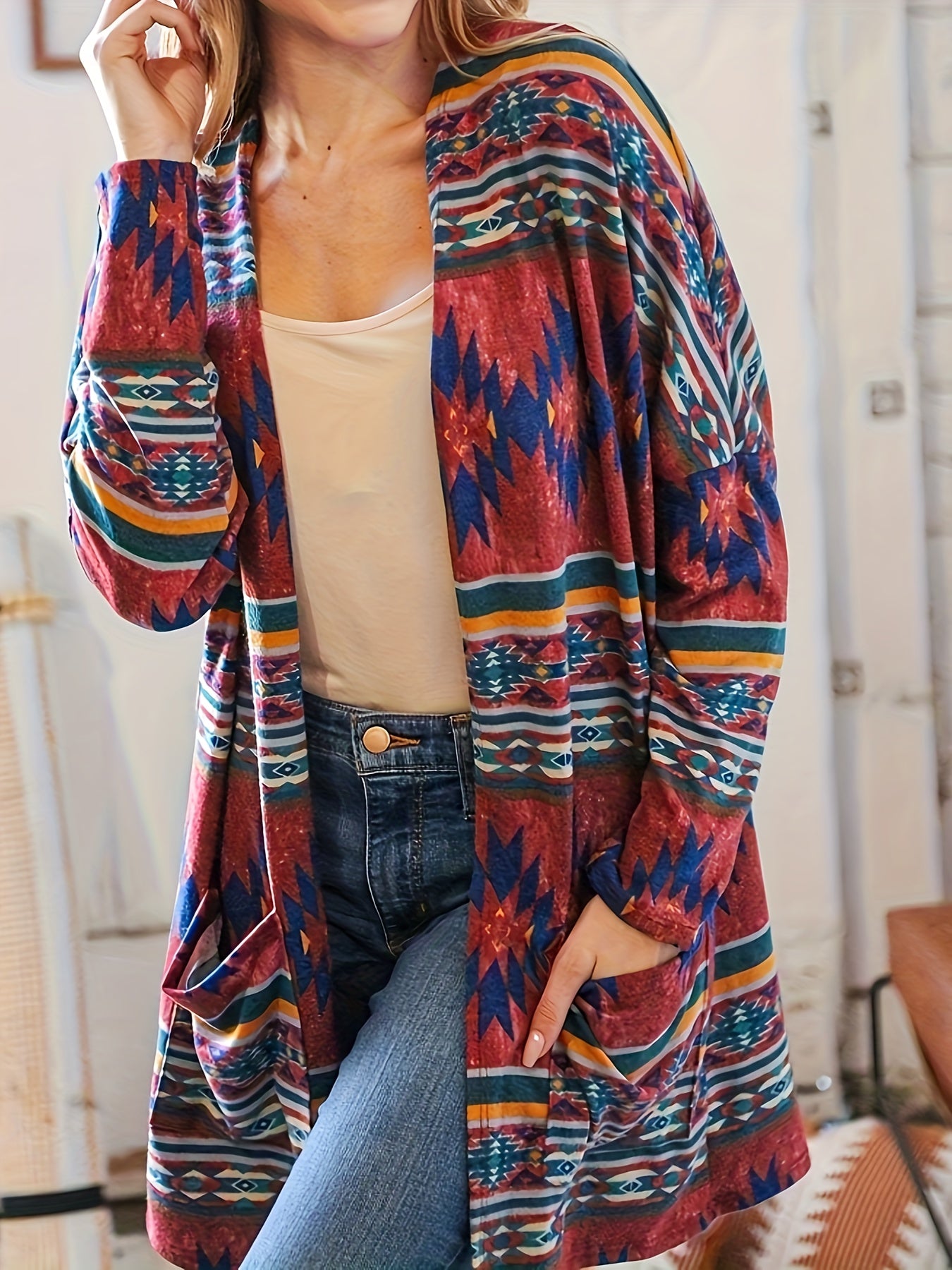  Boho Cardigan Southwest Print Long Sleeve Open Front