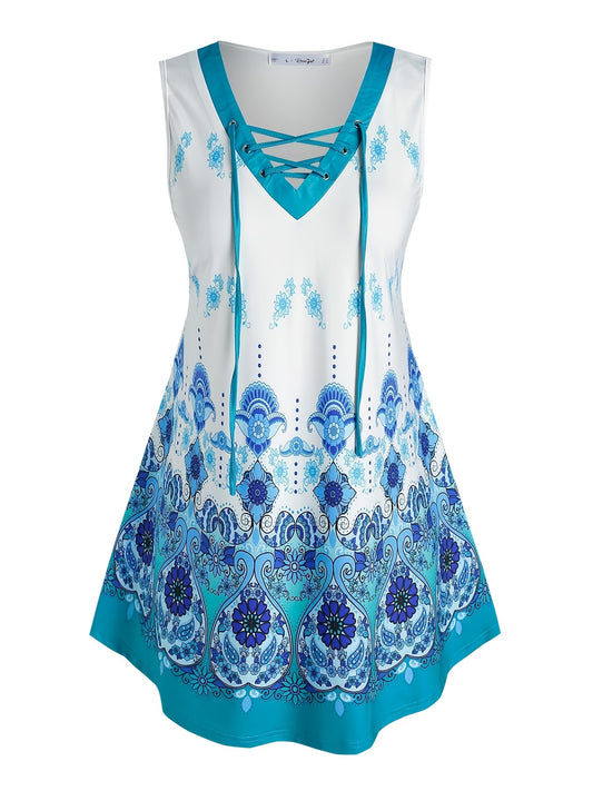 Paisley Print Criss Cross Tank Top High Stretch Plus Size Tank