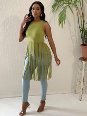 Solid Tank Top With Long Tassel Crew Neck Summer Sleeveless Top
