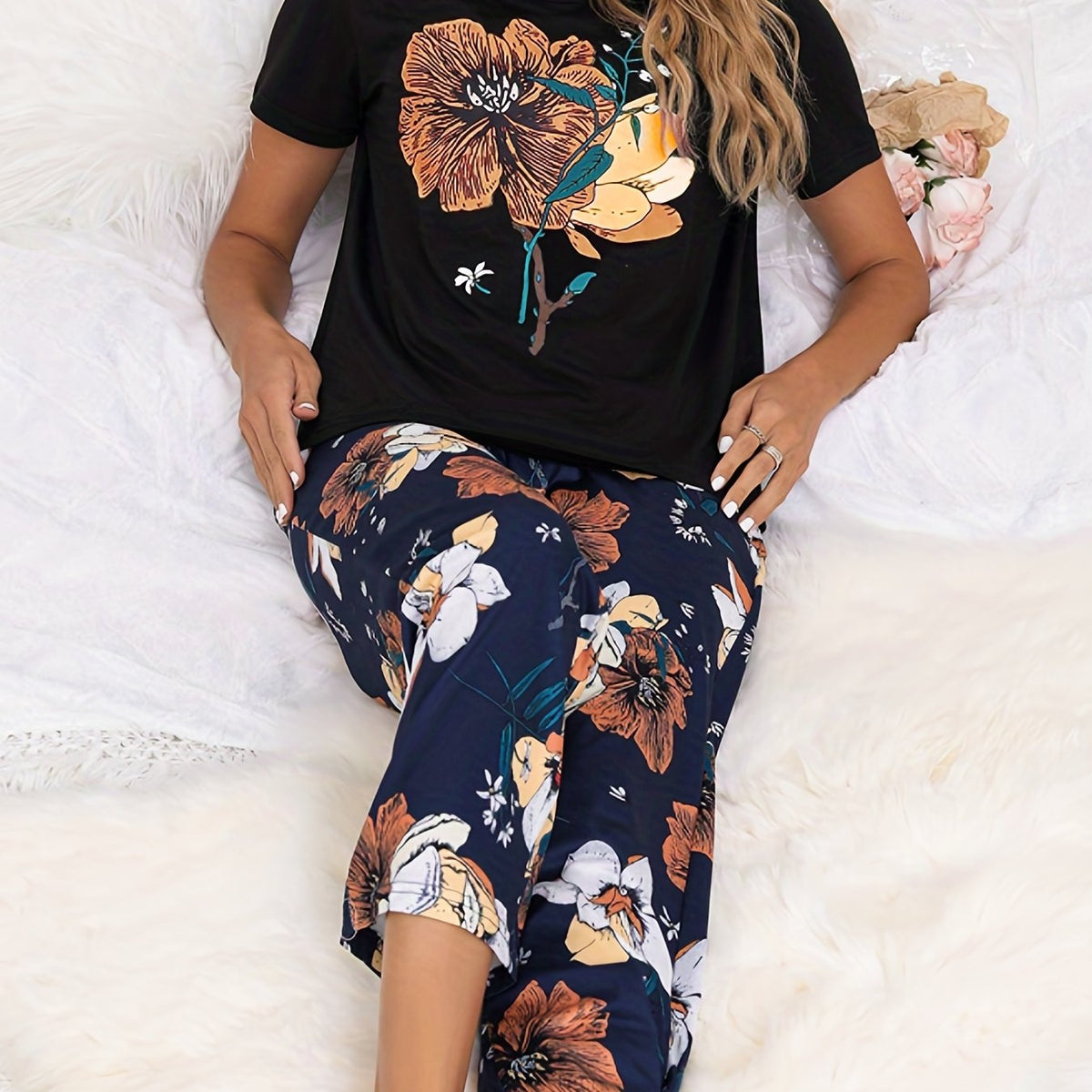 Big Flower Print Lounge Set Colorblock Top & Pants Women's Loungewear