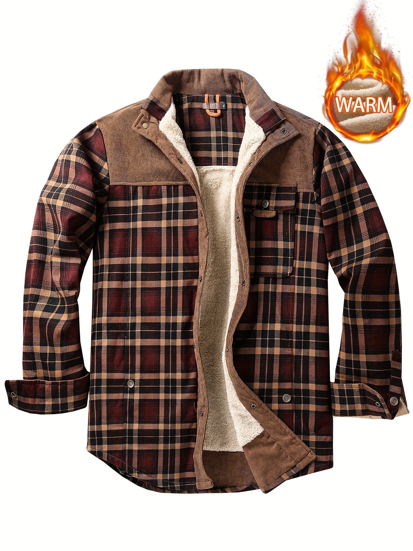 Men's Plaid Print Jacket Windproof Thermal Lapel Winter Shirt