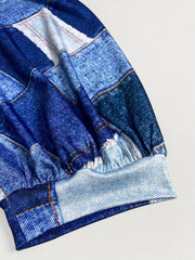  Denim Print One Shoulder Midi Dress