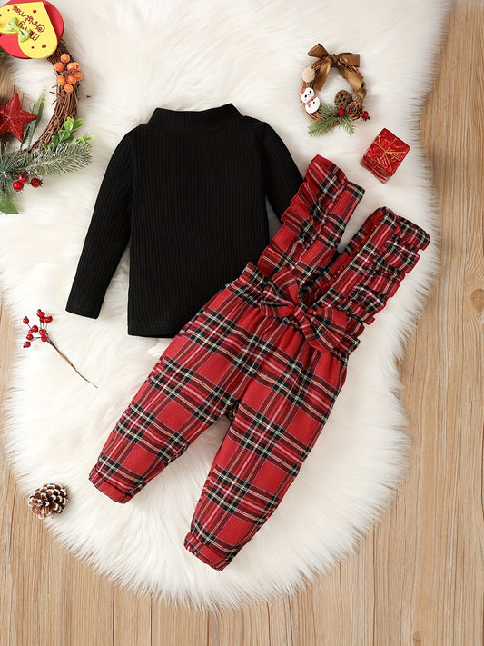 Baby Girls Knitted Top & Bow Ruffle Plaid Suspender Trousers Set