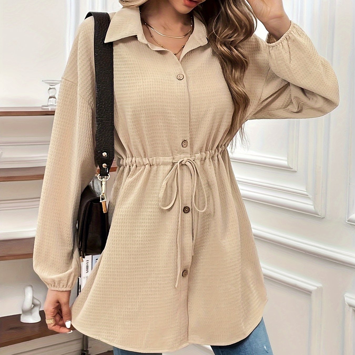 Solid Waffle Drawstring Drop Shoulder Long Sleeve Tunic Shirt Top