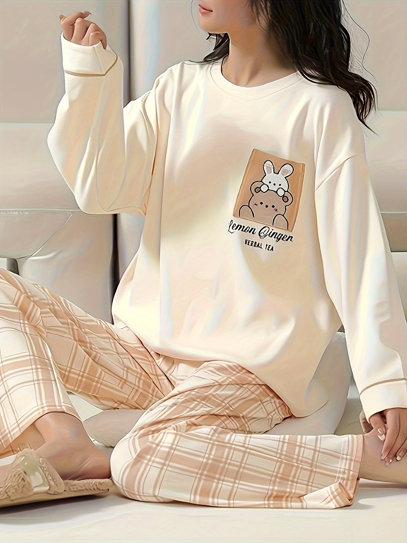Cartoon Animal Print Pajama Set Long Sleeve Crew Neck Top & Plaid Pants