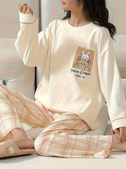 Cartoon Animal Print Pajama Set Long Sleeve Crew Neck Top & Plaid Pants